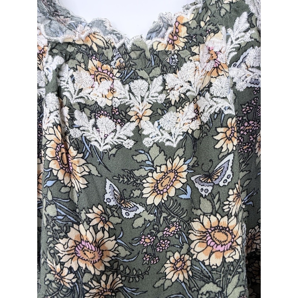 Natural Life Harley Embroidered Jumpsuit Olive Green Floral Wide Leg Small Boho - Picture 8 of 12